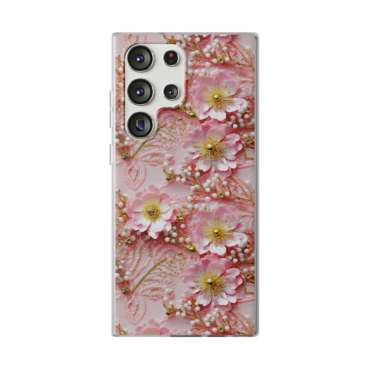 Gold-Kissed Flowers on Pink Lace - Flexi Cases for Samsung Galaxy S23, Samsung Galaxy S23 Plus, & Samsung Galaxy S23 Ultra