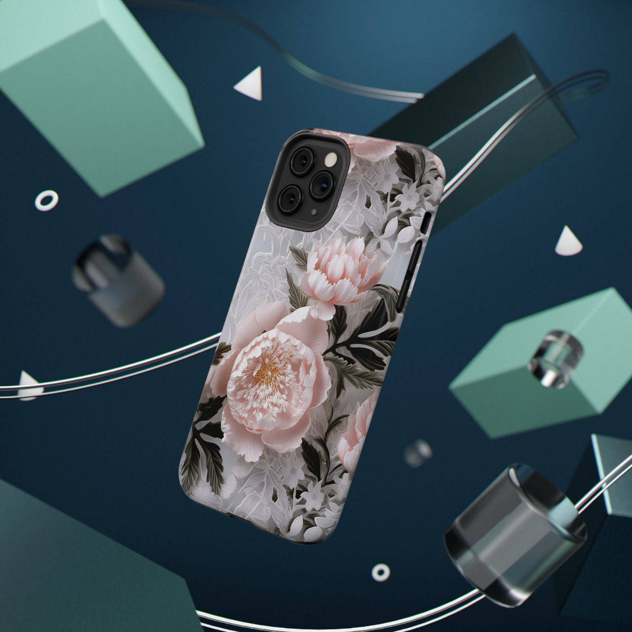 Pink Peony Impact-Resistant Cases for iPhone 11, iPhone 11 Pro, and iPhone 11 Pro Max. Supports Wireless Charging.