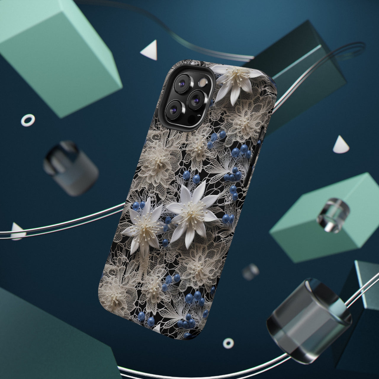 Vintage Lace and Clematis Impact-Resistant Case for iPhone 12, iPhone 12 Mini, iPhone 12 Pro, and iPhone 12 Pro Max. Supports Wireless Charging.