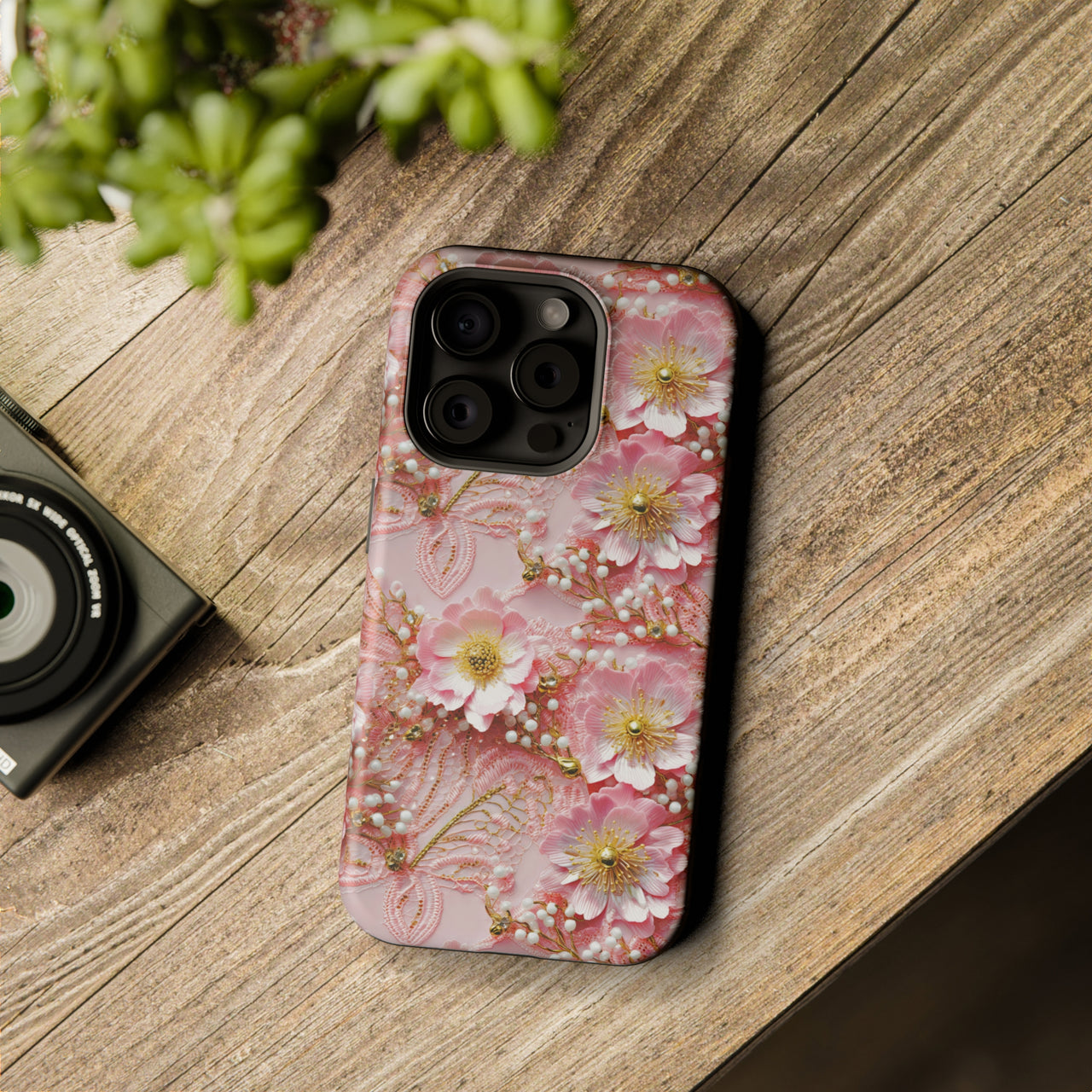 Gold-Kissed Flowers on Pink Lace - MagSafe Tough Case for iPhone 15, iPhone 15 Pro, iPhone 15 Plus, & iPhone 15 Pro Max