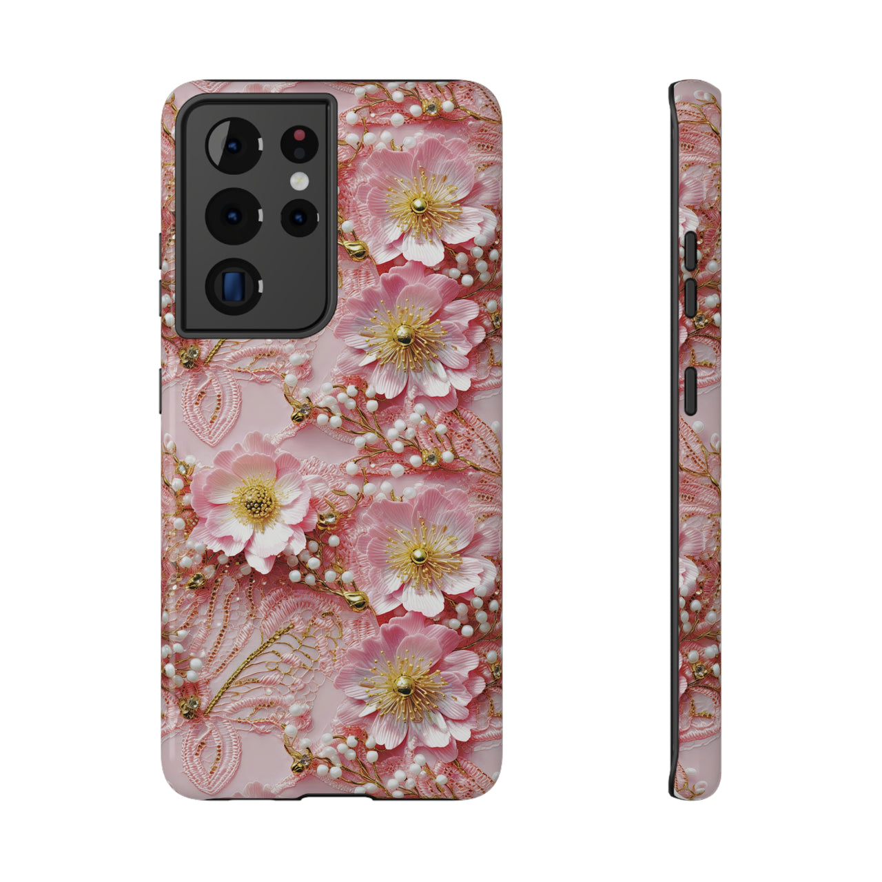 Gold-Kissed Flowers on Pink Lace - Impact-Resistant Case for Samsung Galaxy S21, Samsung Galaxy S21 Plus, and Samsung Galaxy S21 Ultra. Supports Wireless Charging.