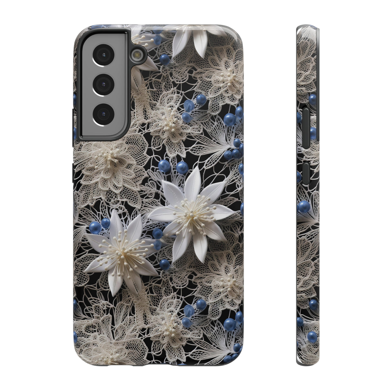 Vintage Lace and Clematis Impact-Resistant Cases for Samsung Galaxy S22, Samsung Galaxy S22 Plus, and Samsung Galaxy S22 Ultra. Supports Wireless Charging.