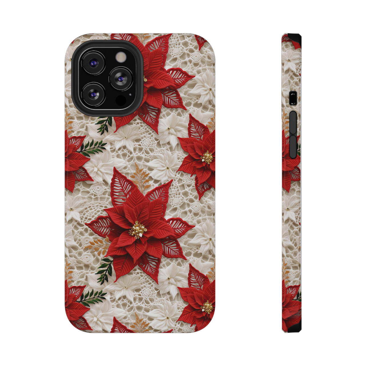 Christmas Poinsettia Impact-Resistant Case for iPhone 12, iPhone 12 Mini, iPhone 12 Pro, and iPhone 12 Pro Max. Supports Wireless Charging.