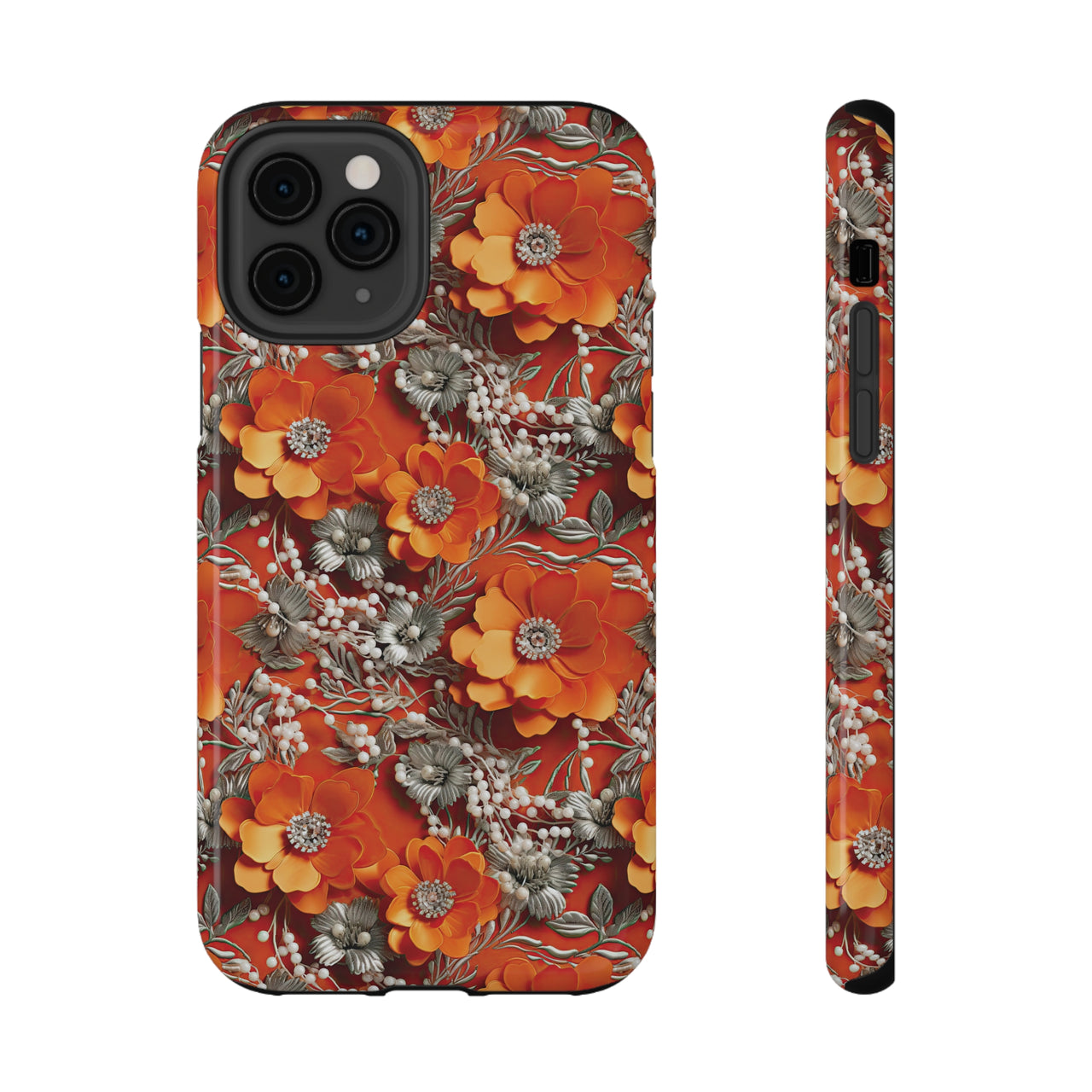 Orange Petals in Silver Tapestry Impact-Resistant Cases for iPhone 11, iPhone 11 Pro, and iPhone 11 Pro Max. Supports Wireless Charging.