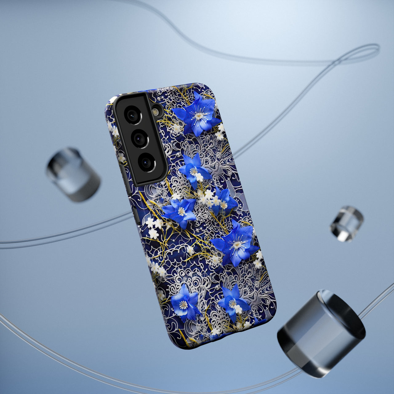 Cerulean Elegance Impact-Resistant Case for Samsung Galaxy S22, Samsung Galaxy S22 Plus, and Samsung Galaxy S22 Ultra. Supports Wireless Charging.