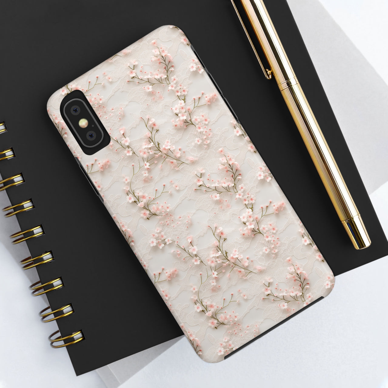 White Lace and Cherry Blossoms Tough Phone Case for iPhone X, iPhone XR, iPhone XS, and iPhone XS MAX. Supports Wireless Charging.