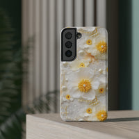 Thumbnail for White and Yellow Floral Impact-Resistant Cases for Samsung Galaxy S22, Samsung Galaxy S22 Plus, and Samsung Galaxy S22 Ultra. Supports Wireless Charging.