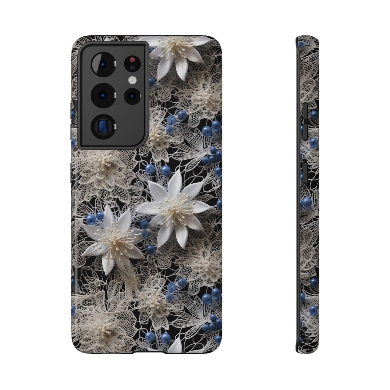 Vintage Lace and Clematis Impact-Resistant Cases for Samsung Galaxy S21, Samsung Galaxy S21 Plus, and Samsung Galaxy S21 Ultra. Supports Wireless Charging.