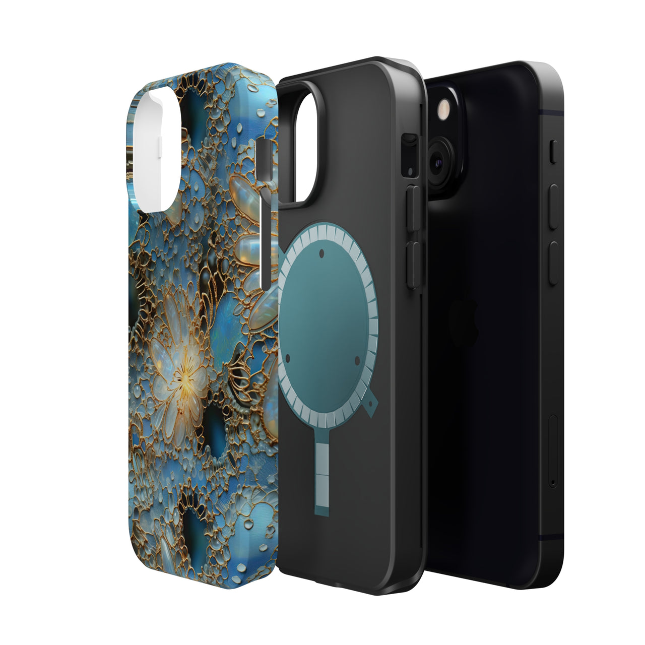 Gemstones and Gold Lace MagSafe Tough Cases for iPhone 13, iPhone 13 Mini, iPhone 13 Pro, and iPhone 13 Pro Max.