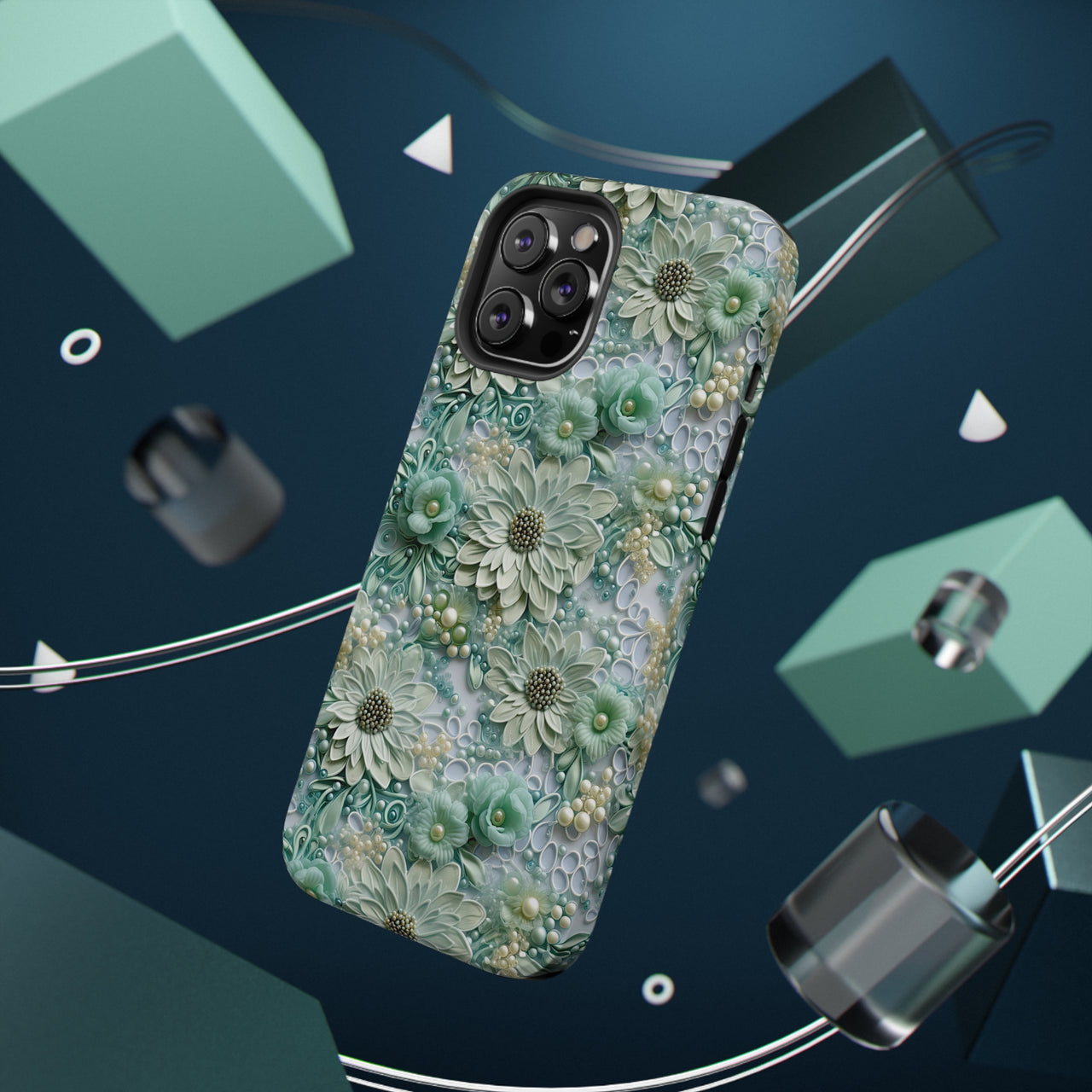 Teal Petals - Impact-Resistant Case for iPhone 12, iPhone 12 Mini, iPhone 12 Pro, and iPhone 12 Pro Max. Supports Wireless Charging.