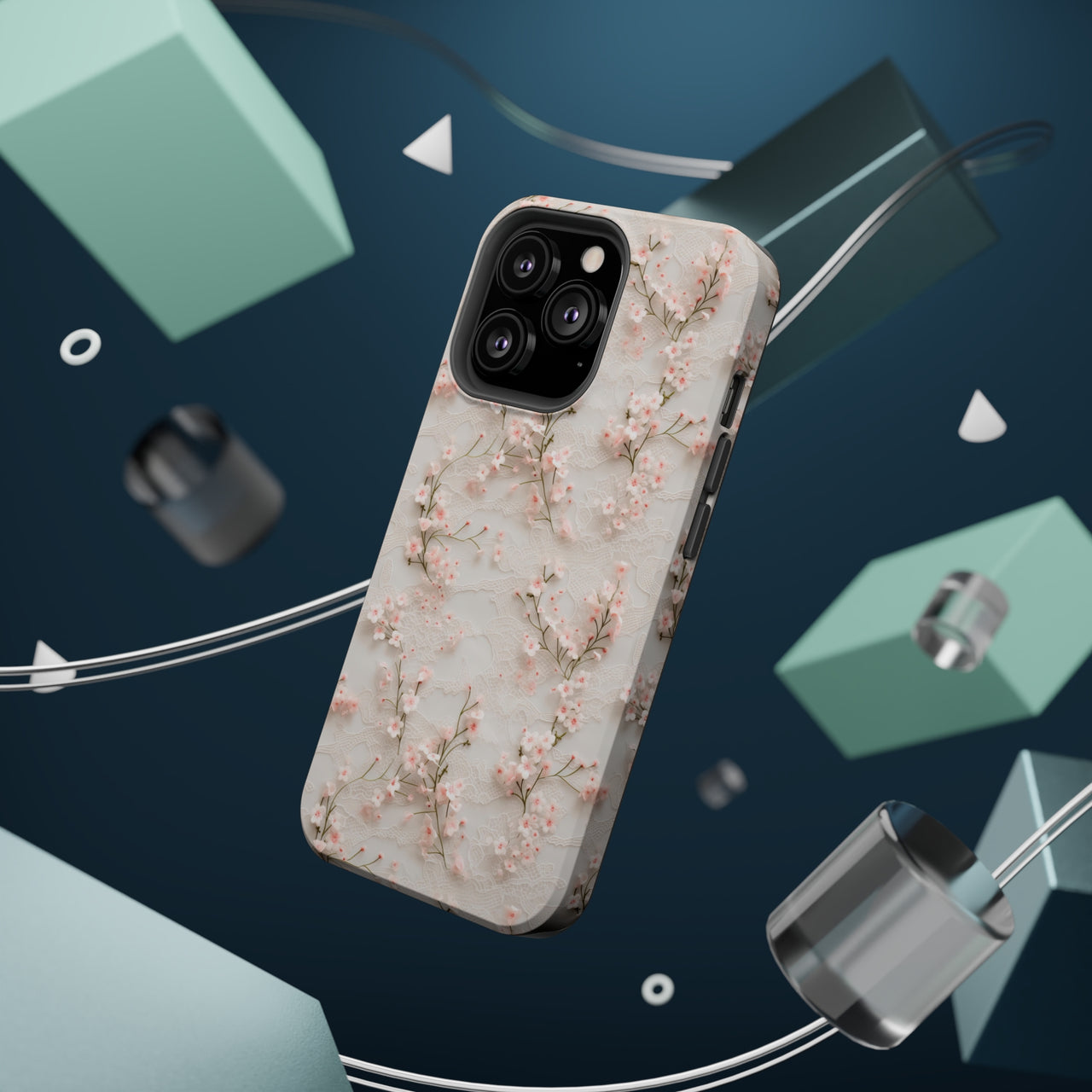 White Lace and Cherry Blossoms MagSafe Tough Cases for iPhone 13, iPhone 13 Mini, iPhone 13 Pro, and iPhone 13 Pro Max.