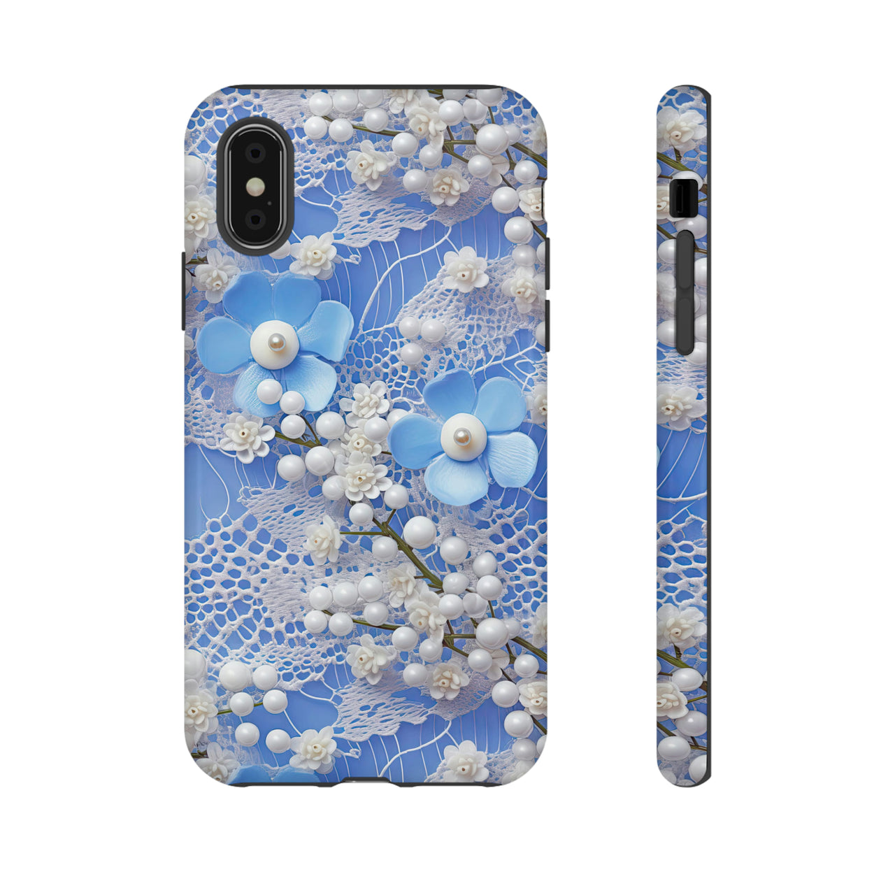 Pearls and Lace on Baby Blue - Tough Cases for iPhone X, iPhone XR, iPhone XS, and iPhone XS MAX.