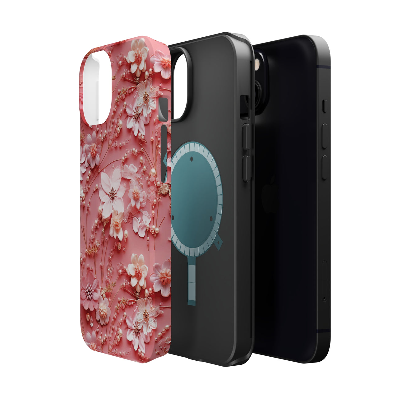 Floral Champagne Toast MagSafe Tough Cases for iPhone 13, iPhone 13 Mini, iPhone 13 Pro, and iPhone 13 Pro Max.