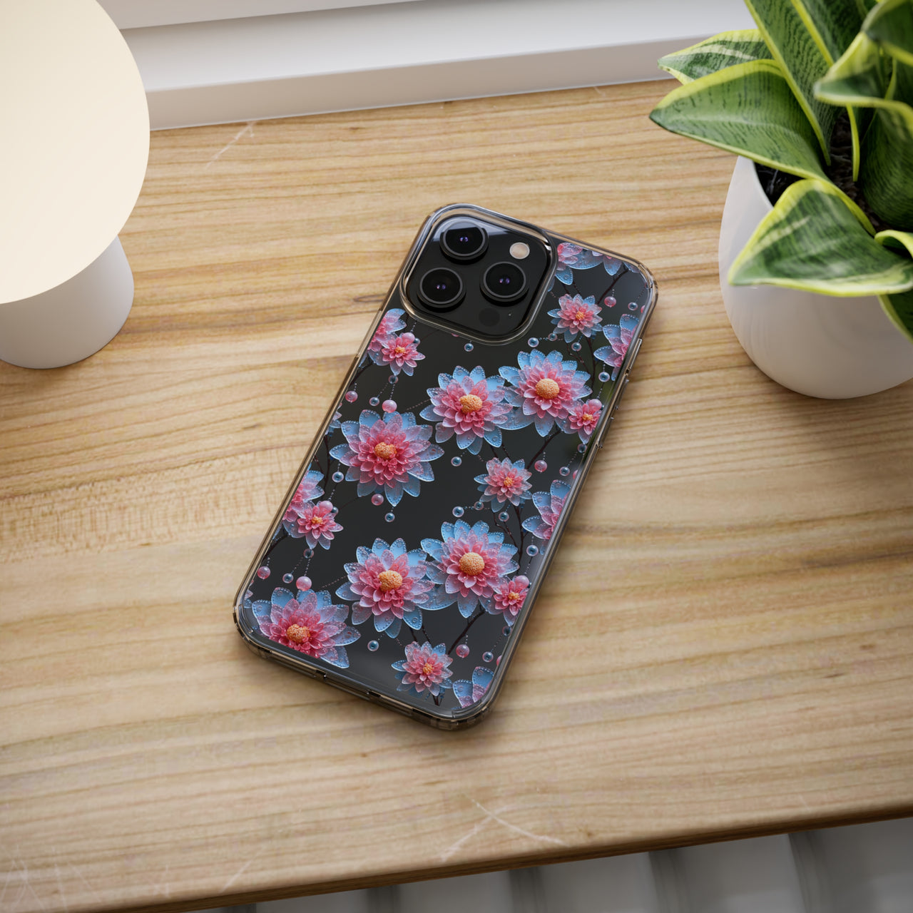 *Clear Case* Pink and Blue Glass Flowers - iPhone 14, iPhone 14 Pro, iPhone 14 Plus, iPhone 14 Pro Max - Supports Wireless Charging