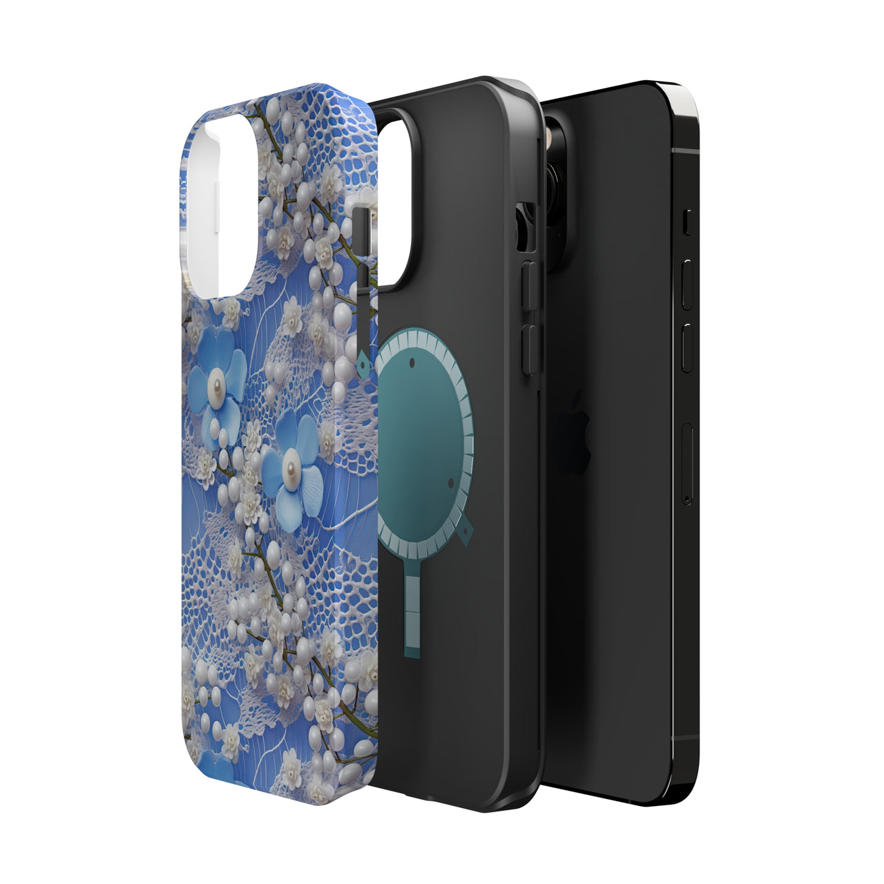 Pearls and Lace on Baby Blue - MagSafe Tough Cases for iPhone 13, iPhone 13 Mini, iPhone 13 Pro, and iPhone 13 Pro Max.