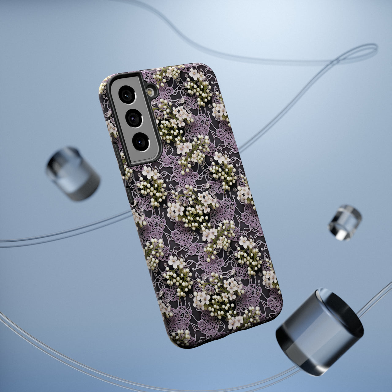 White Flowers on a Purple Bed - Impact-Resistant Case for Samsung Galaxy S22, Samsung Galaxy S22 Plus, and Samsung Galaxy S22 Ultra. Supports Wireless Charging.