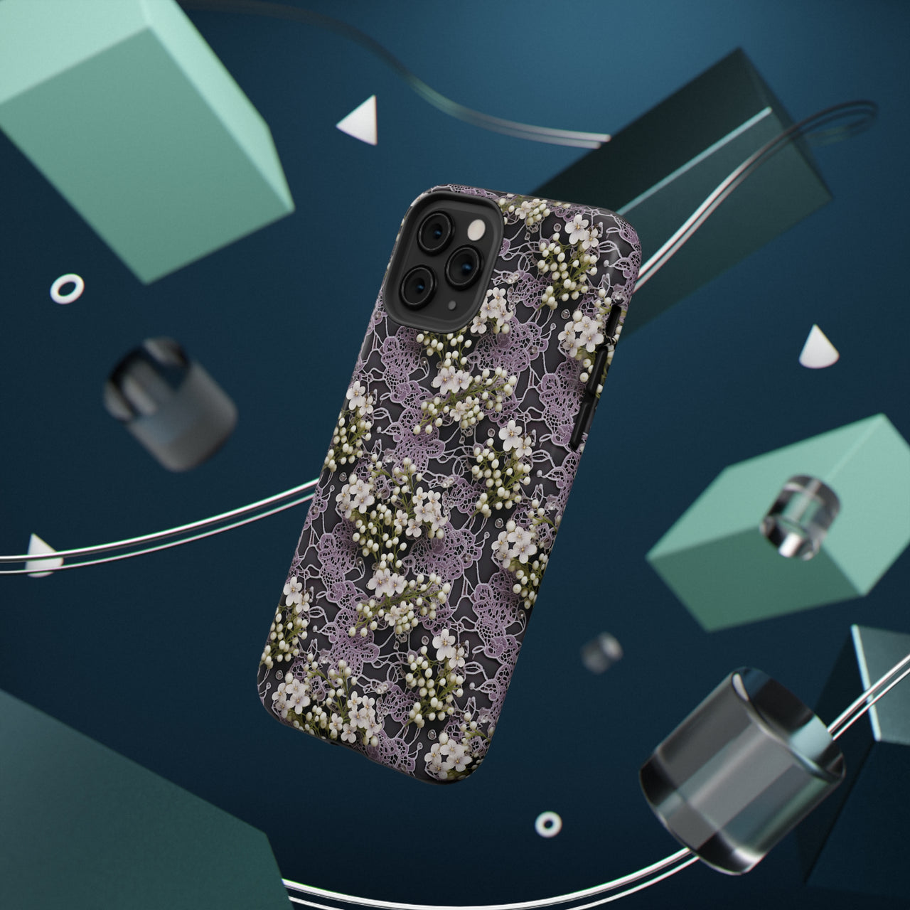 White Flowers on a Purple Bed - Impact-Resistant Cases for iPhone 11, iPhone 11 Pro, and iPhone 11 Pro Max. Supports Wireless Charging.