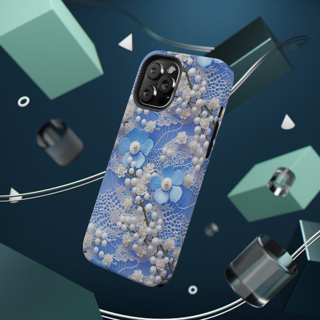 Pearls and Lace on Baby Blue - Impact-Resistant Case for iPhone 12, iPhone 12 Mini, iPhone 12 Pro, and iPhone 12 Pro Max. Supports Wireless Charging.