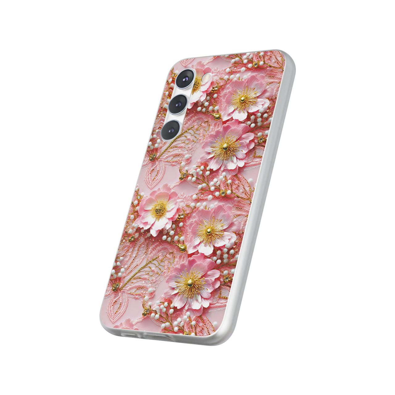 Gold-Kissed Flowers on Pink Lace - Flexi Cases for Samsung Galaxy S23, Samsung Galaxy S23 Plus, & Samsung Galaxy S23 Ultra