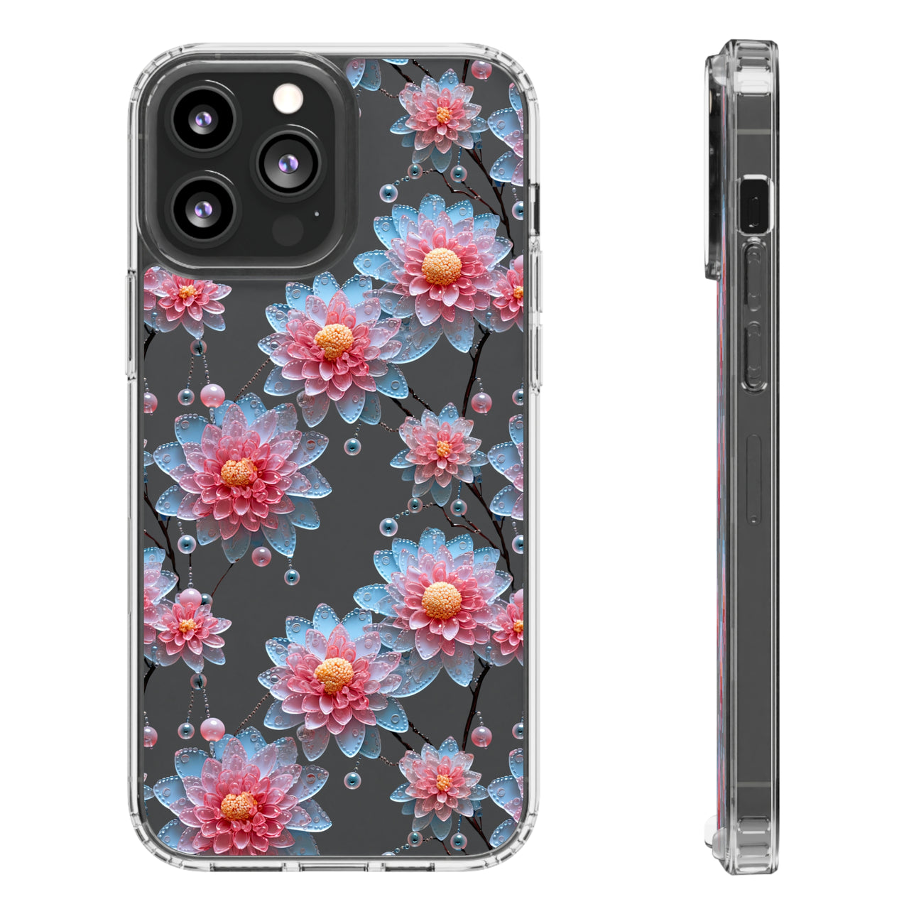 *Clear Case* Pink and Blue Glass Flowers - iPhone 13, iPhone 13 Mini, iPhone 13 Pro, iPhone 13 Pro Max - Supports Wireless Charging