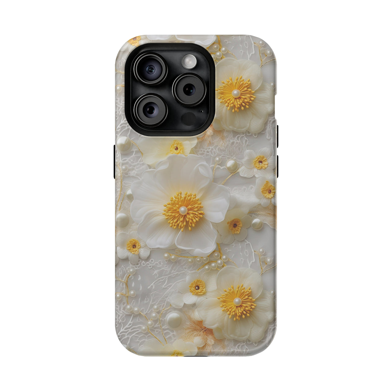 White and Yellow Floral - MagSafe Tough Case for iPhone 15, iPhone 15 Pro, iPhone 15 Plus, & iPhone 15 Pro Max