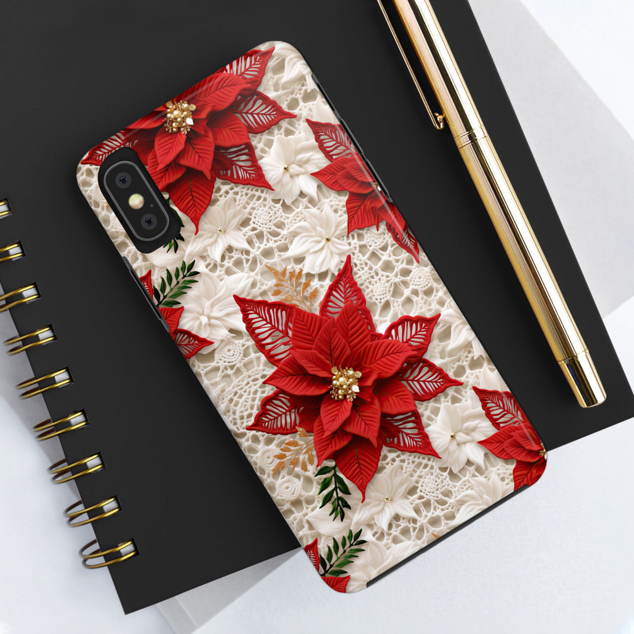 Christmas Poinsettia Tough Phone Cases for iPhone X, iPhone XR, iPhone XS, and iPhone XS MAX. Supports Wireless Charging.