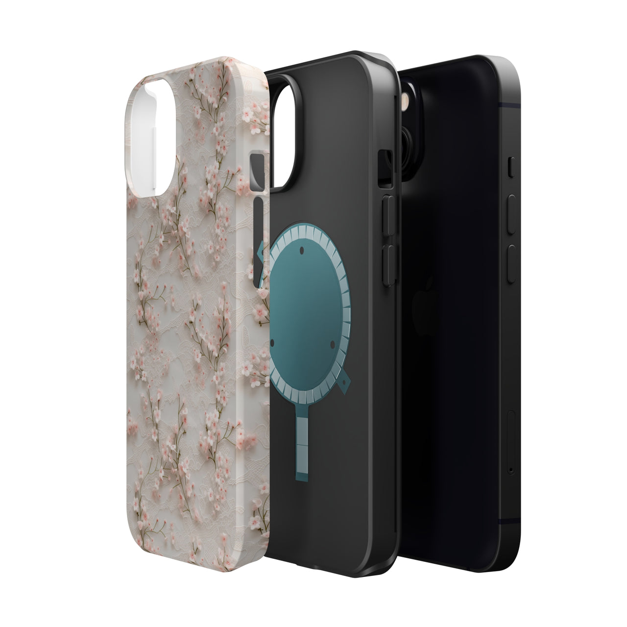 White Lace and Cherry Blossoms MagSafe Tough Cases for iPhone 13, iPhone 13 Mini, iPhone 13 Pro, and iPhone 13 Pro Max.