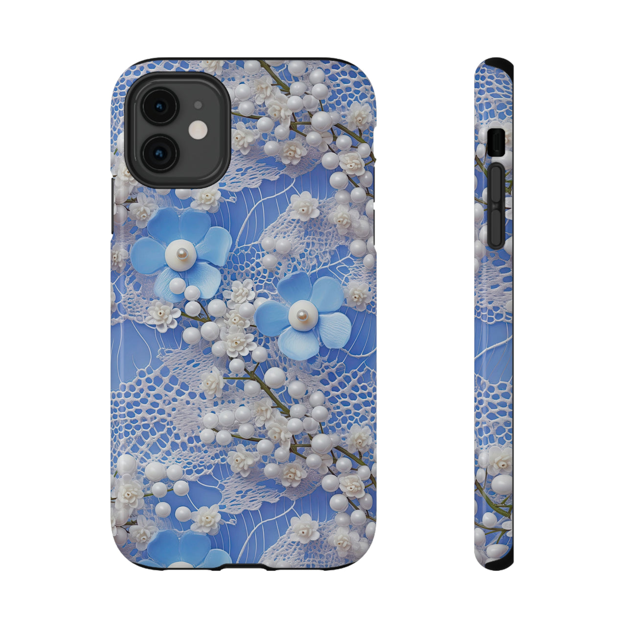 Pearls and Lace on Baby Blue - Impact-Resistant Cases for iPhone 11, iPhone 11 Pro, and iPhone 11 Pro Max. Supports Wireless Charging.