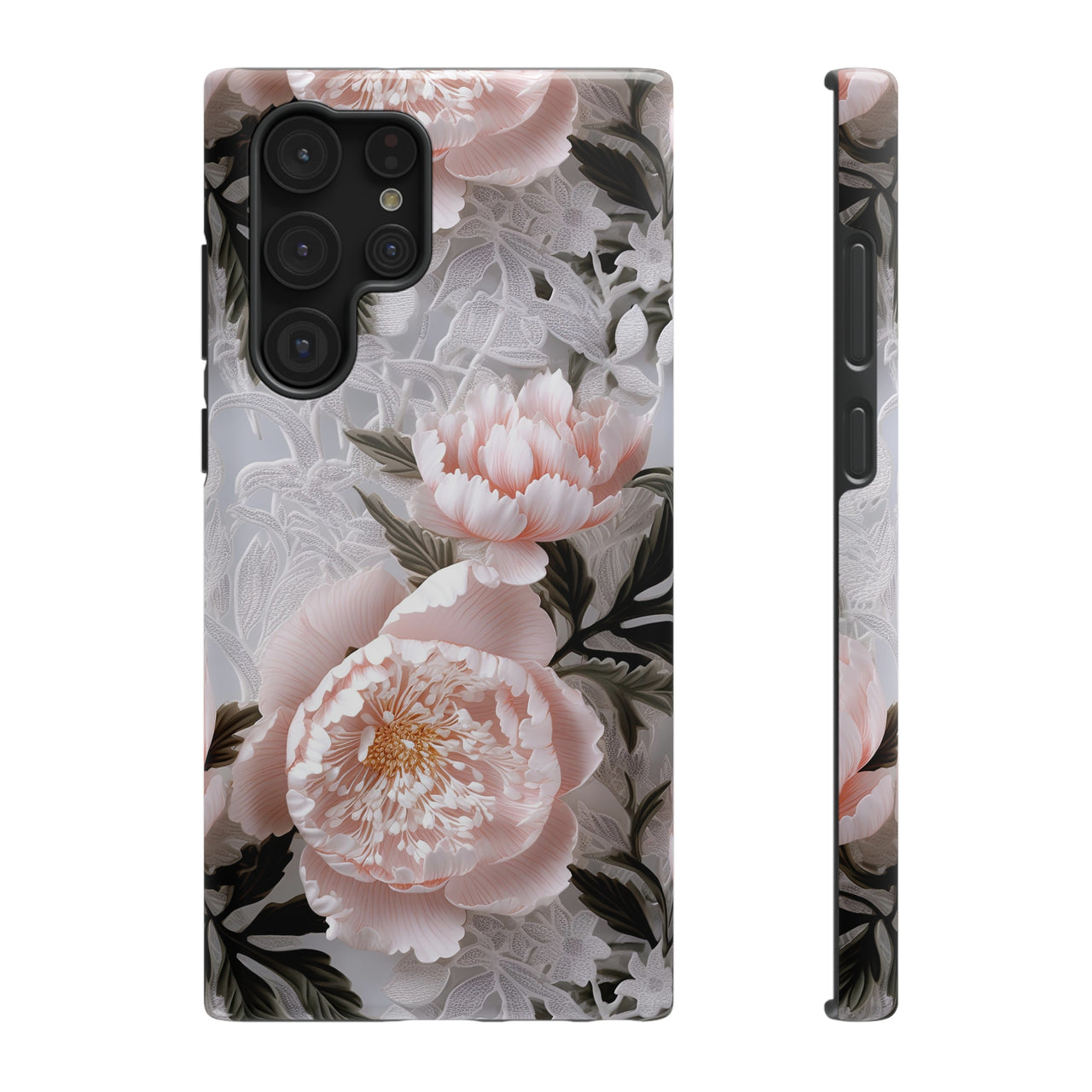 Pink Peony Impact-Resistant Cases for Samsung Galaxy S22, Samsung Galaxy S22 Plus, and Samsung Galaxy S22 Ultra. Supports Wireless Charging.