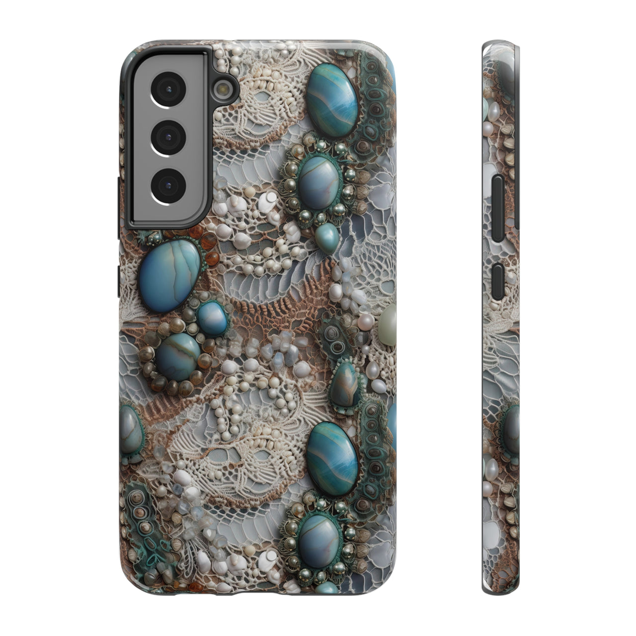 Boho Agate and Lace Impact-Resistant Cases for Samsung Galaxy S22, Samsung Galaxy S22 Plus, and Samsung Galaxy S22 Ultra. Supports Wireless Charging.