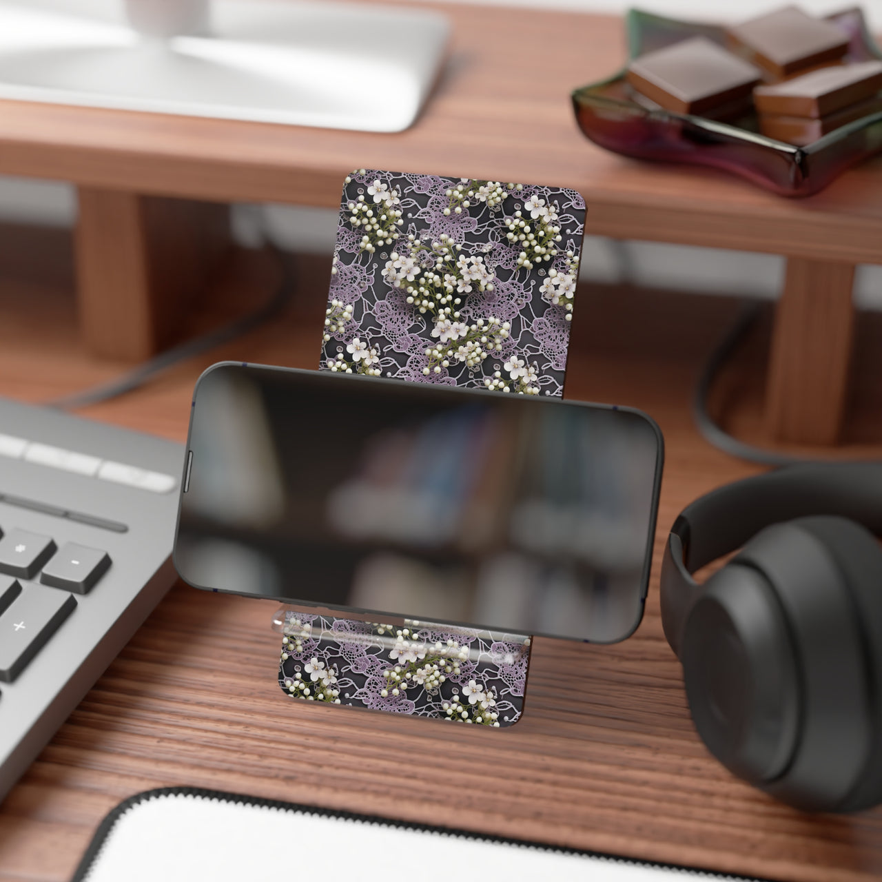 White Flowers on a Purple Bed - Mobile Display Stand for Smartphones