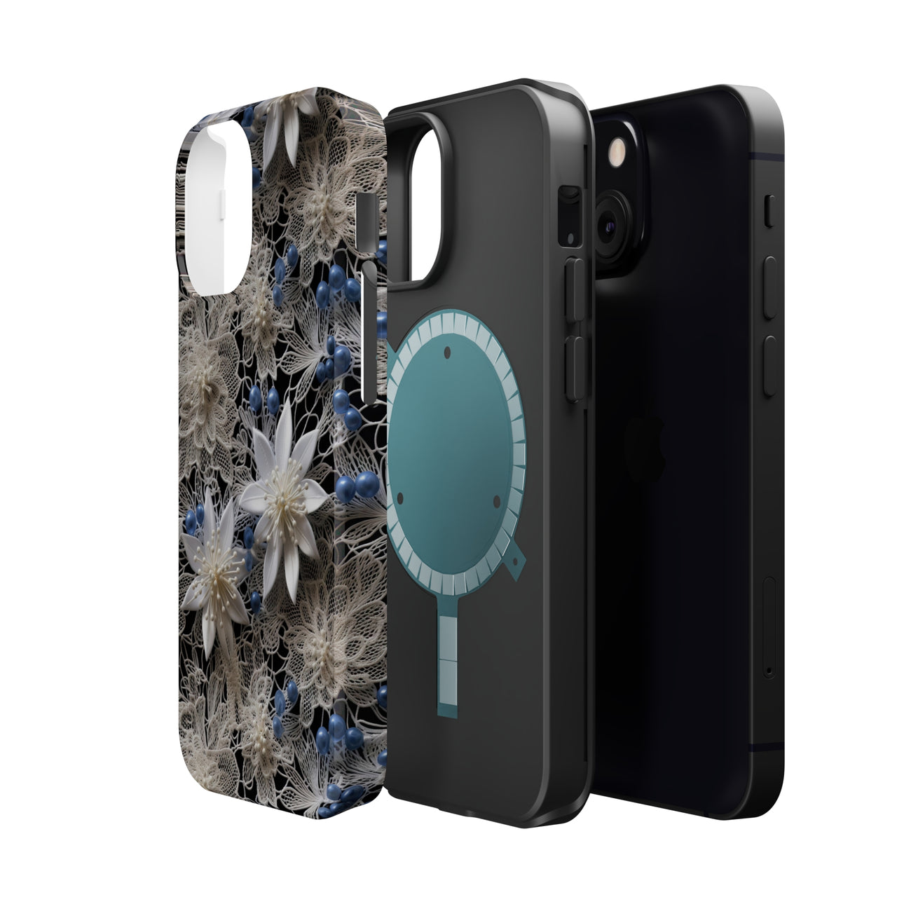 Vintage Lace and Clematis MagSafe Tough Cases for iPhone 13, iPhone 13 Mini, iPhone 13 Pro, and iPhone 13 Pro Max.