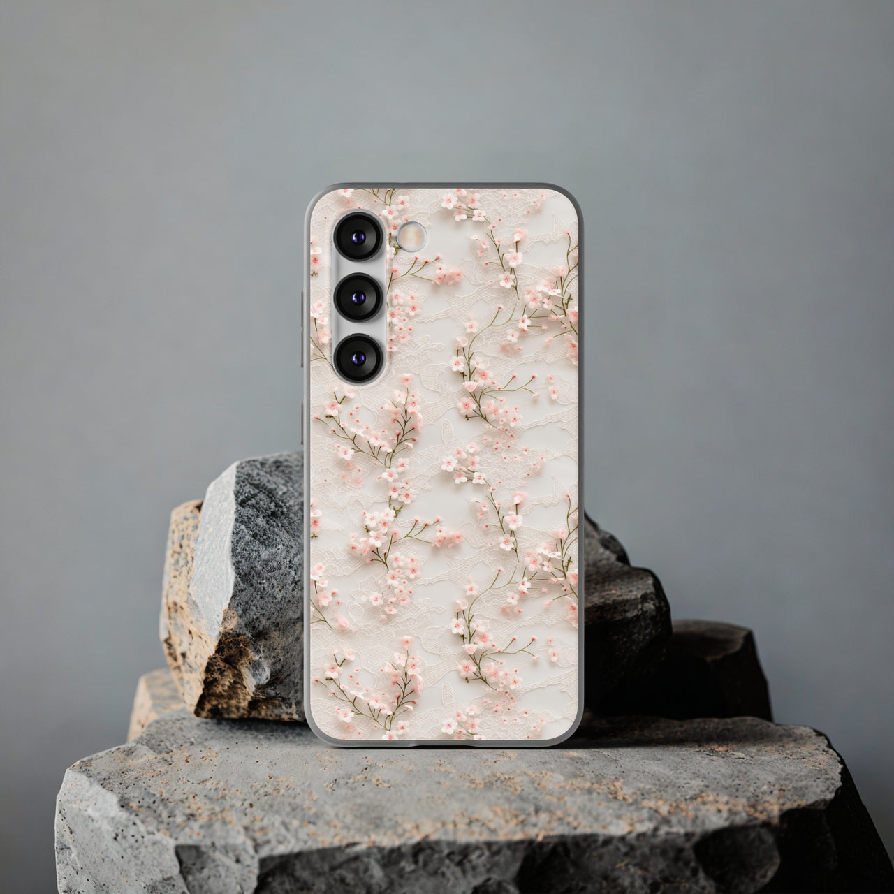 White Lace and Cherry Blossoms - Flexi Cases for Samsung Galaxy S23, Samsung Galaxy S23 Plus, and Samsung Galaxy S23 Ultra