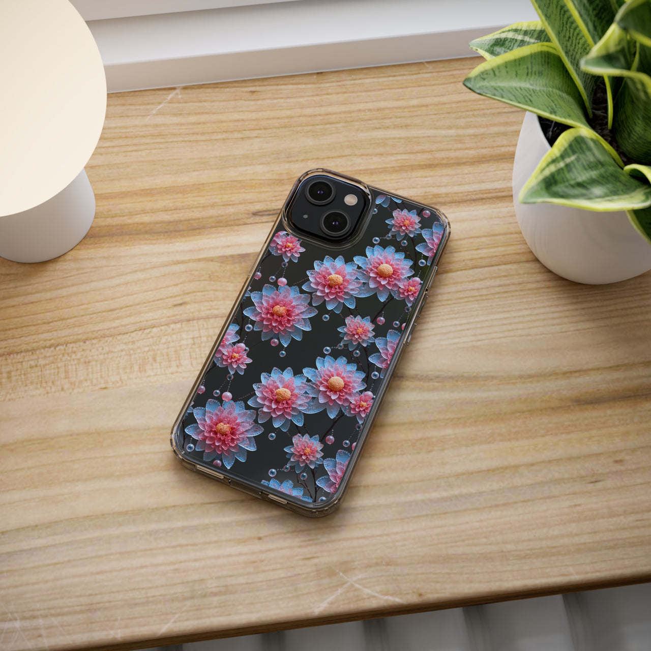 *Clear Case* Pink and Blue Glass Flowers - iPhone 14, iPhone 14 Pro, iPhone 14 Plus, iPhone 14 Pro Max - Supports Wireless Charging