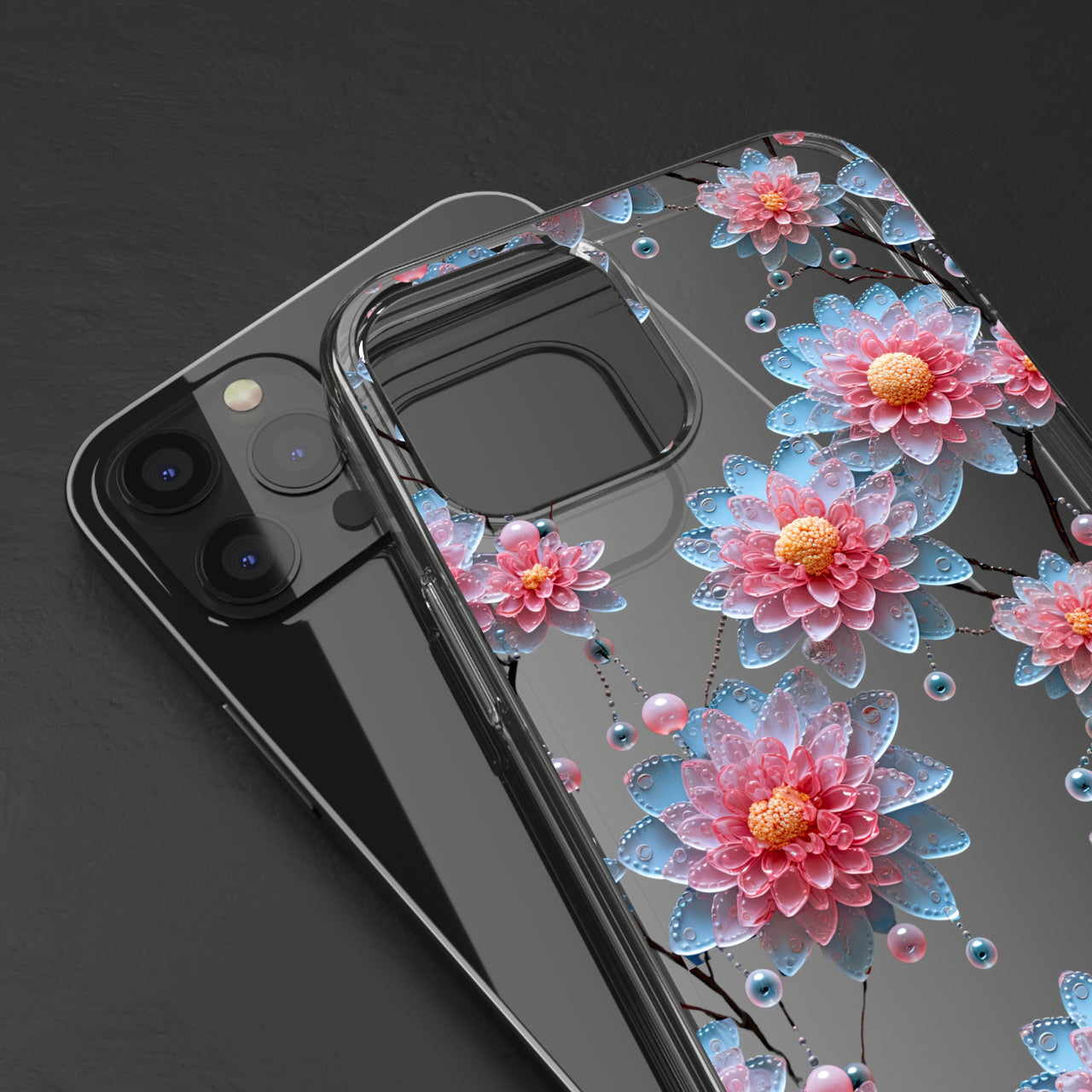 *Clear Case* Pink and Blue Glass Flowers - iPhone 12, iPhone 12 Mini, iPhone 12 Pro, iPhone 12 Pro Max - Supports Wireless Charging