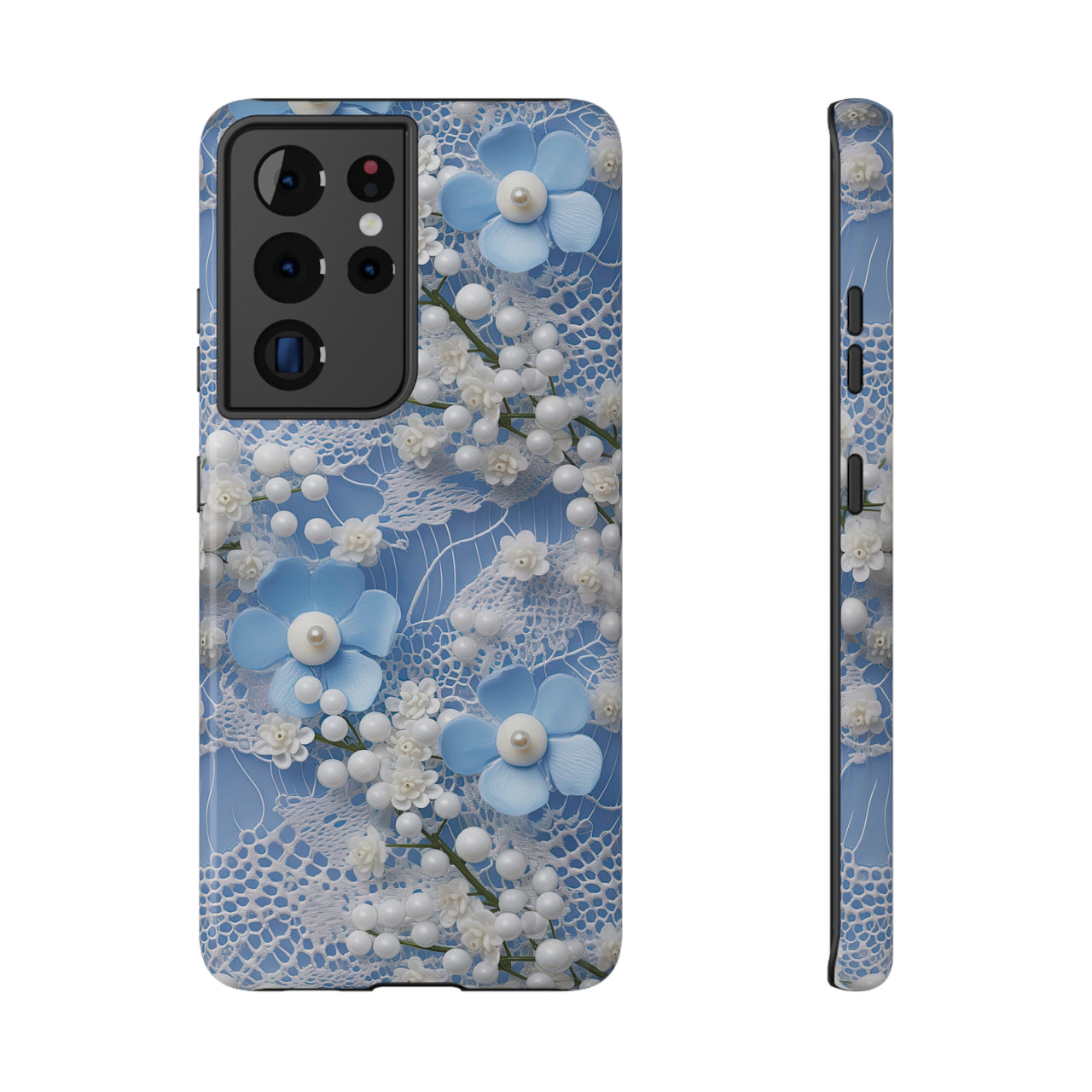 Pearls and Lace on Baby Blue - Impact-Resistant Case for Samsung Galaxy S21, Samsung Galaxy S21 Plus, and Samsung Galaxy S21 Ultra. Supports Wireless Charging.