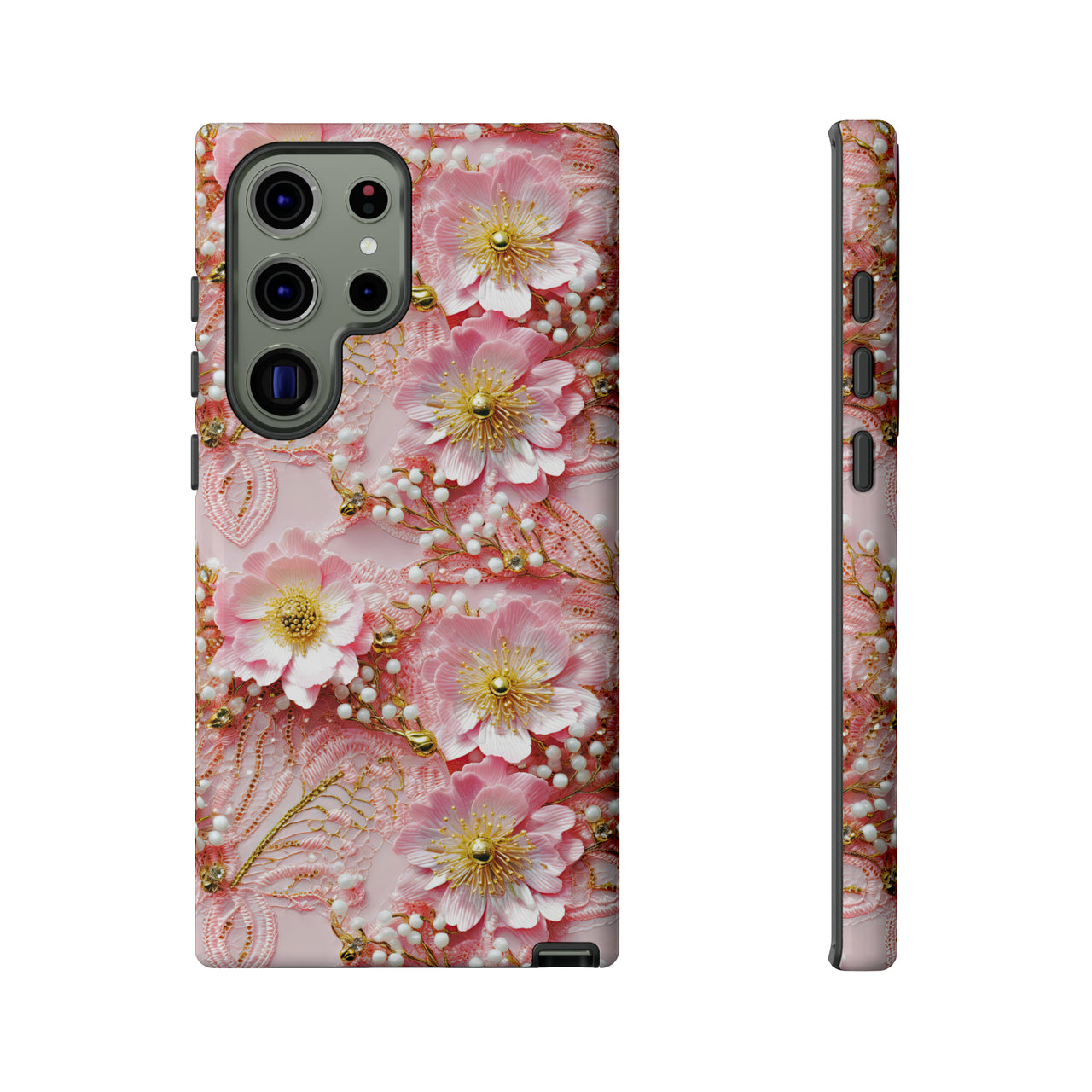 Gold-Kissed Flowers on Pink Lace - Tough Case for Samsung Galaxy S23, Samsung Galaxy S23 Plus, and Samsung Galaxy S23 Ultra