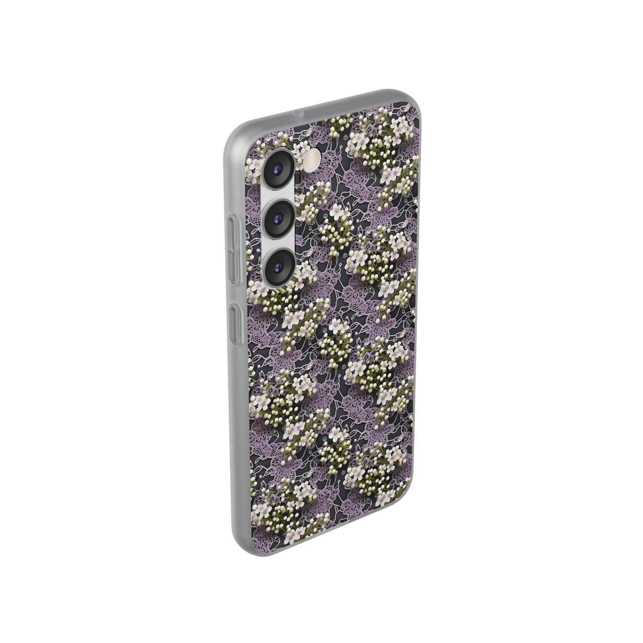 White Flowers on a Purple Bed - Flexi Cases for Samsung Galaxy S23, Samsung Galaxy S23 Plus, and Samsung Galaxy S23 Ultra