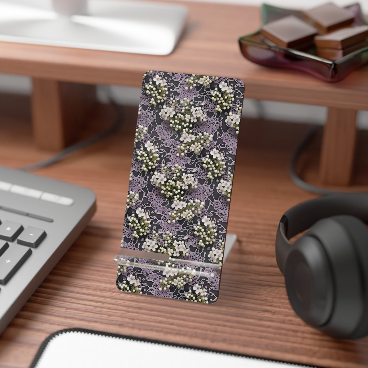 White Flowers on a Purple Bed - Mobile Display Stand for Smartphones