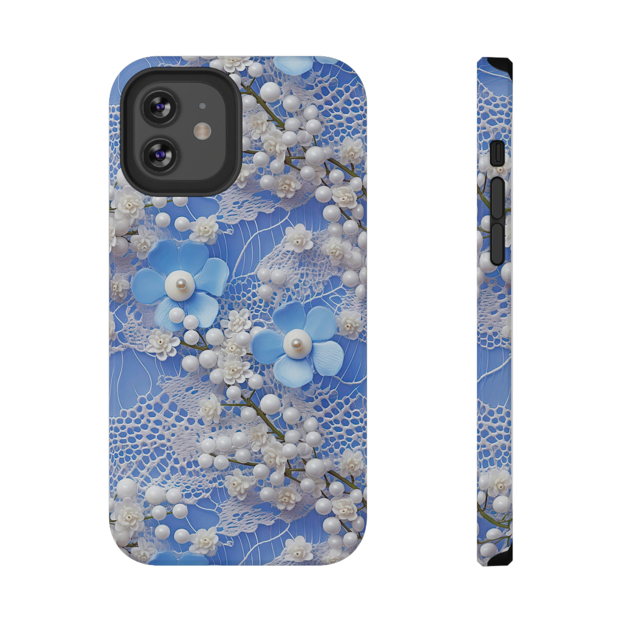 Pearls and Lace on Baby Blue - Impact-Resistant Case for iPhone 12, iPhone 12 Mini, iPhone 12 Pro, and iPhone 12 Pro Max. Supports Wireless Charging.