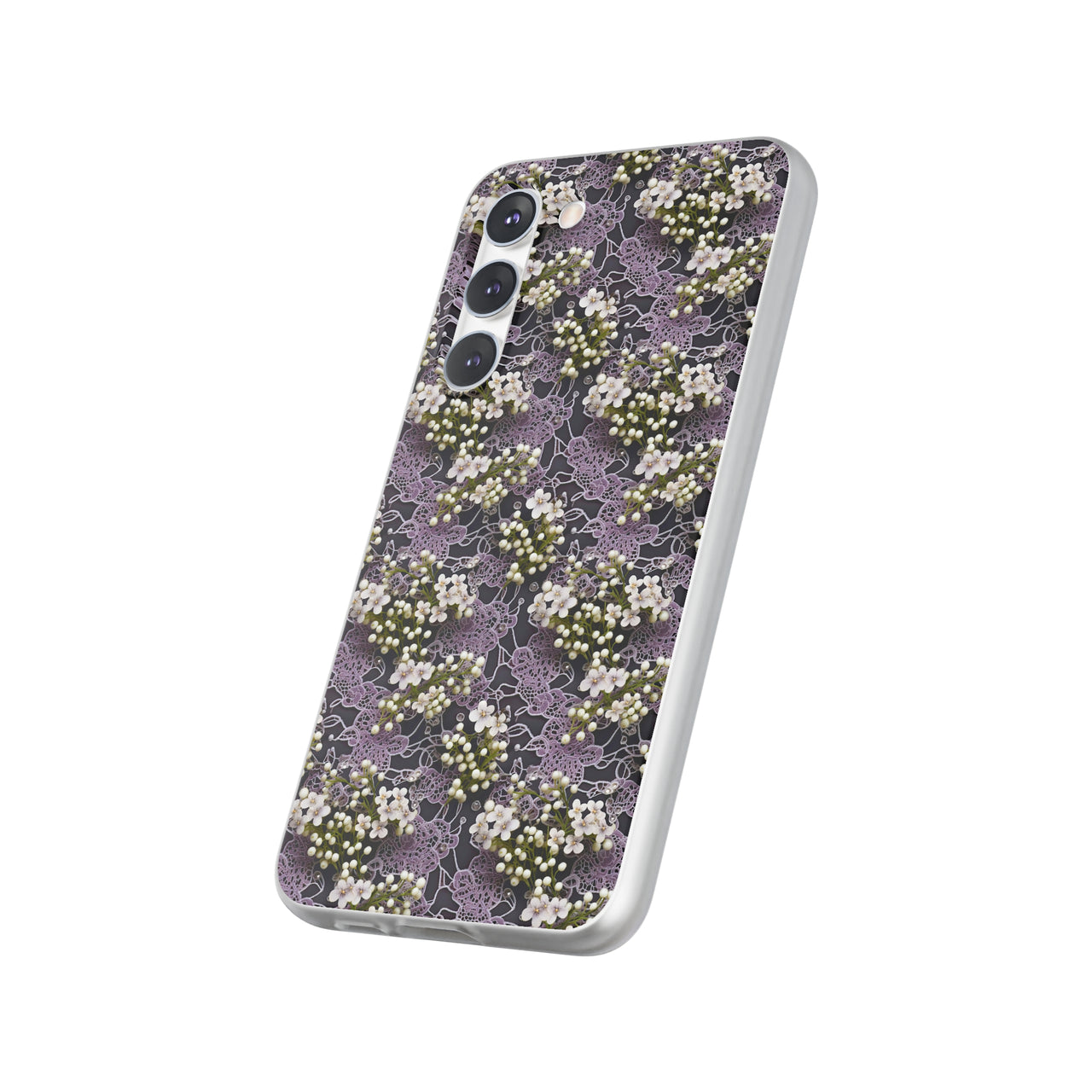 White Flowers on a Purple Bed - Flexi Cases for Samsung Galaxy S23, Samsung Galaxy S23 Plus, and Samsung Galaxy S23 Ultra