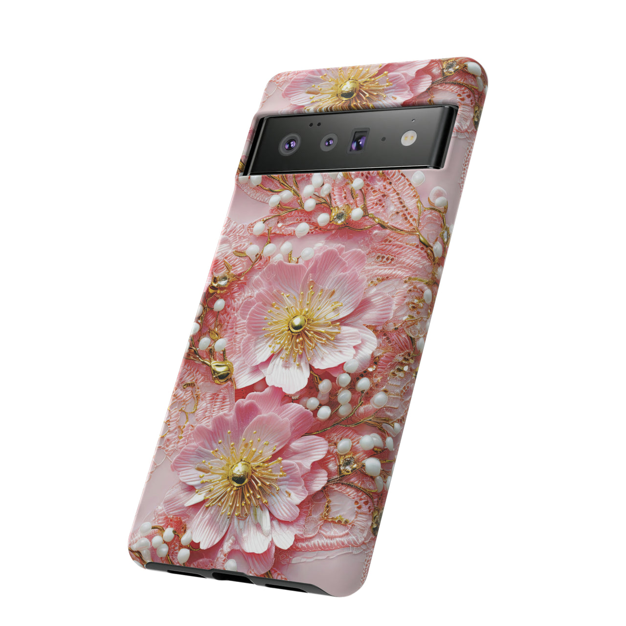 Gold-Kissed Flowers on Pink Lace - Tough Case for Google Pixel 6 and Google Pixel 6 Pro