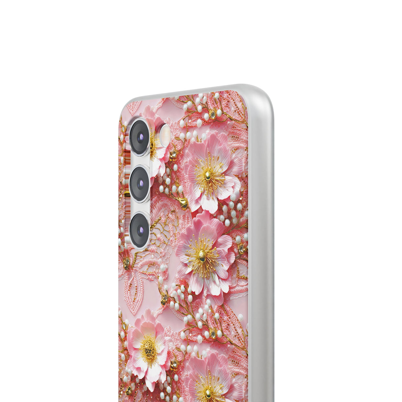 Gold-Kissed Flowers on Pink Lace - Flexi Cases for Samsung Galaxy S23, Samsung Galaxy S23 Plus, & Samsung Galaxy S23 Ultra