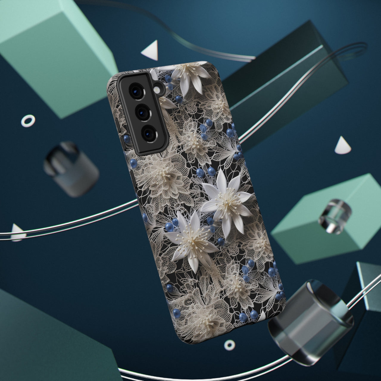 Vintage Lace and Clematis Impact-Resistant Cases for Samsung Galaxy S21, Samsung Galaxy S21 Plus, and Samsung Galaxy S21 Ultra. Supports Wireless Charging.