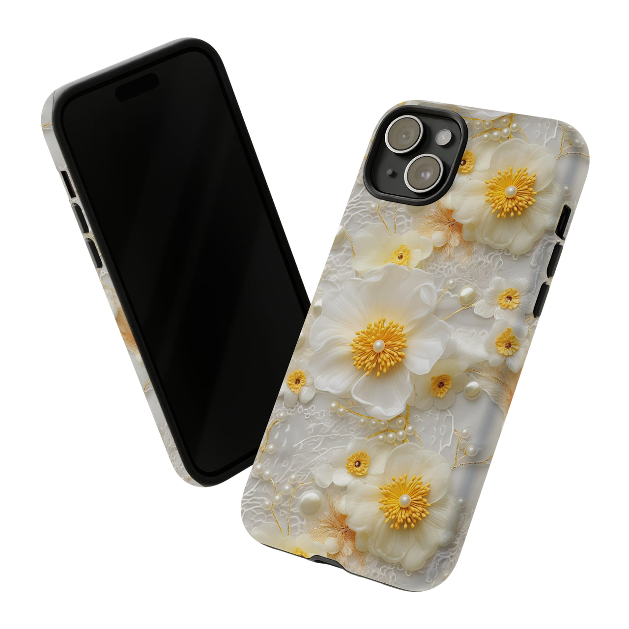 Yellow and White Floral Tough Case for iPhone 15, iPhone 15 Pro, iPhone 15 Plus, and iPhone 15 Pro Max