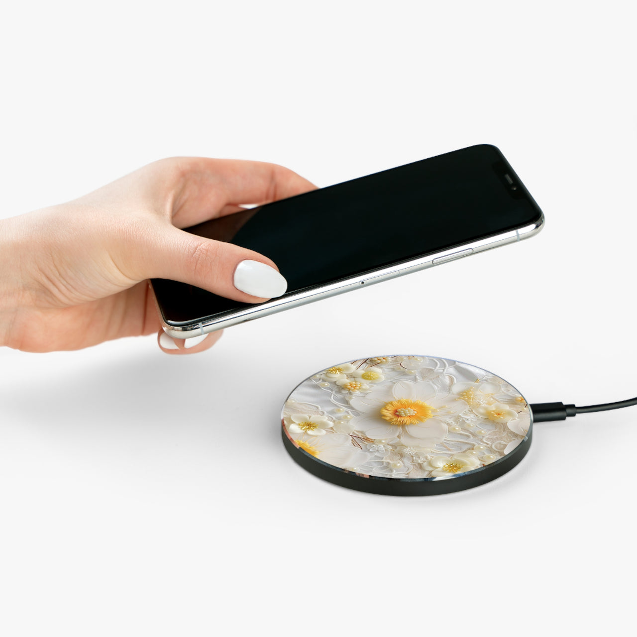 Yellow and White Floral Wireless Charger for Qi Enabled Phones