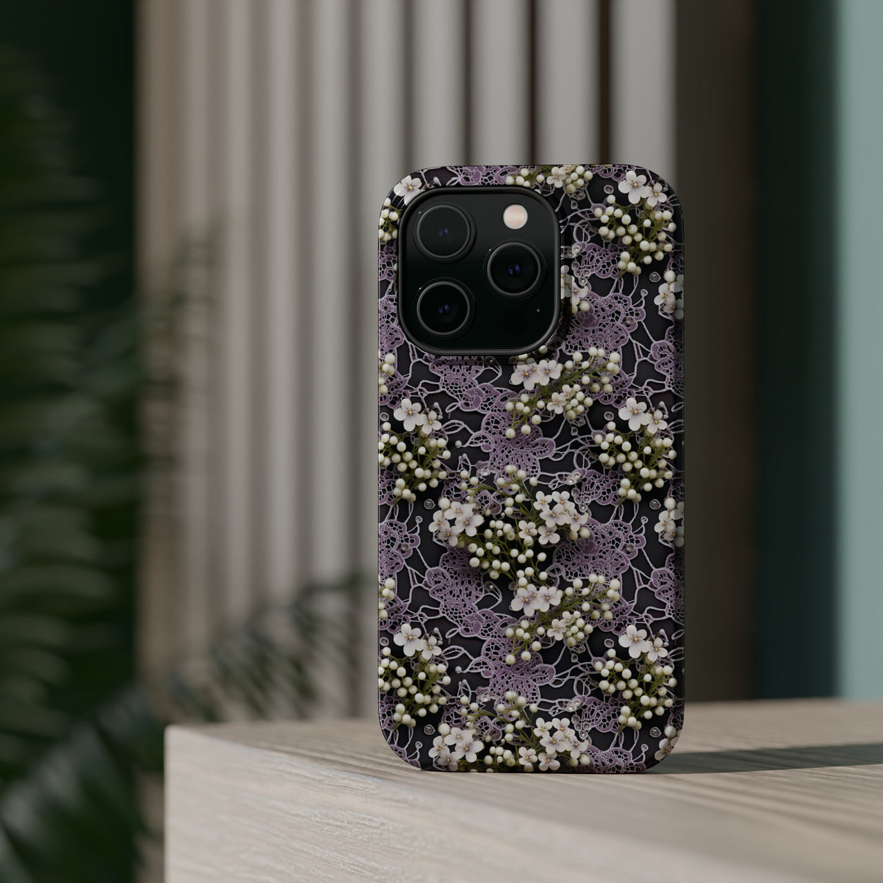 White Flowers on a Purple Bed - MagSafe Tough Cases for iPhone 14, iPhone 14 Pro, iPhone 14 Plus, and iPhone 14 Pro Max