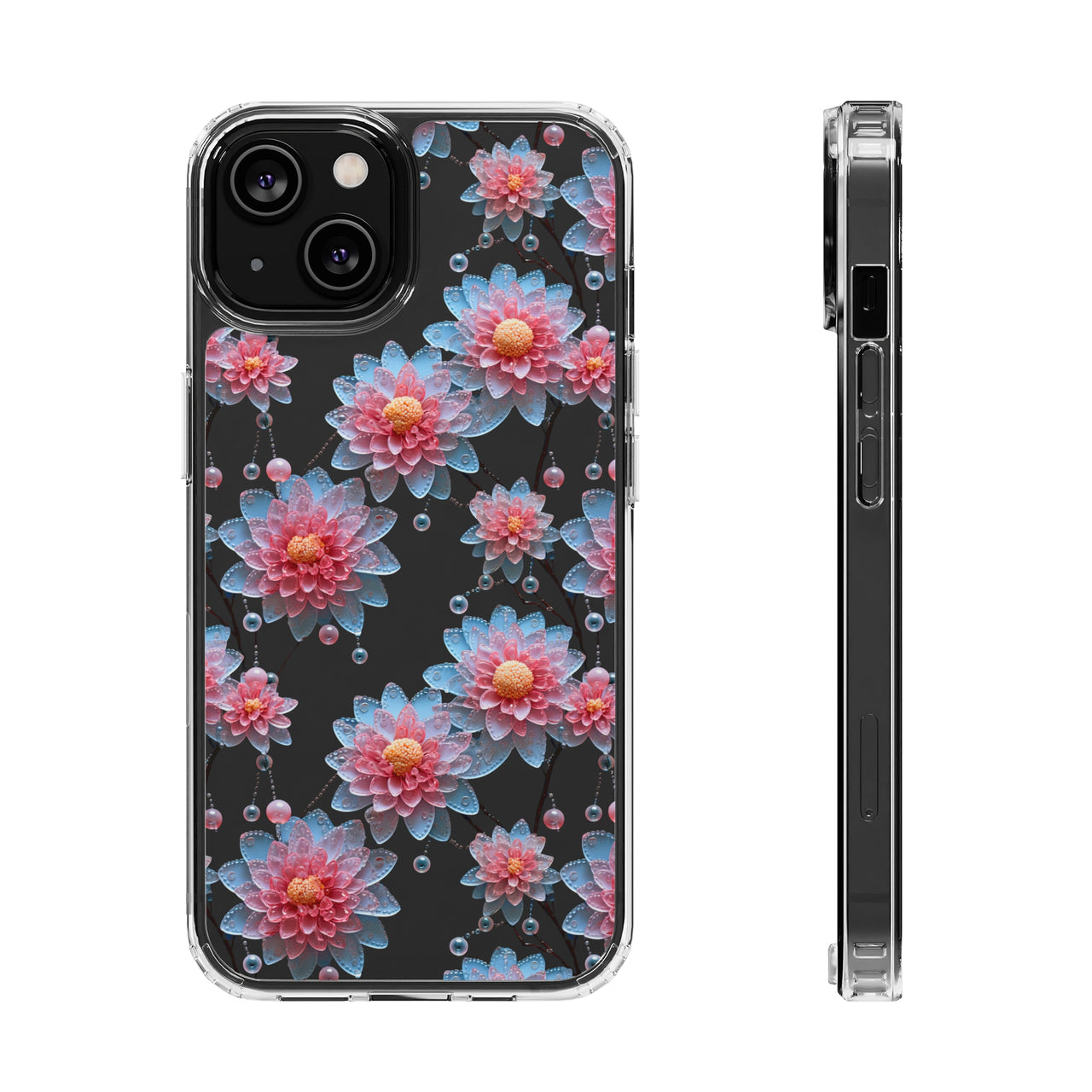 *Clear Case* Pink and Blue Glass Flowers - iPhone 14, iPhone 14 Pro, iPhone 14 Plus, iPhone 14 Pro Max - Supports Wireless Charging