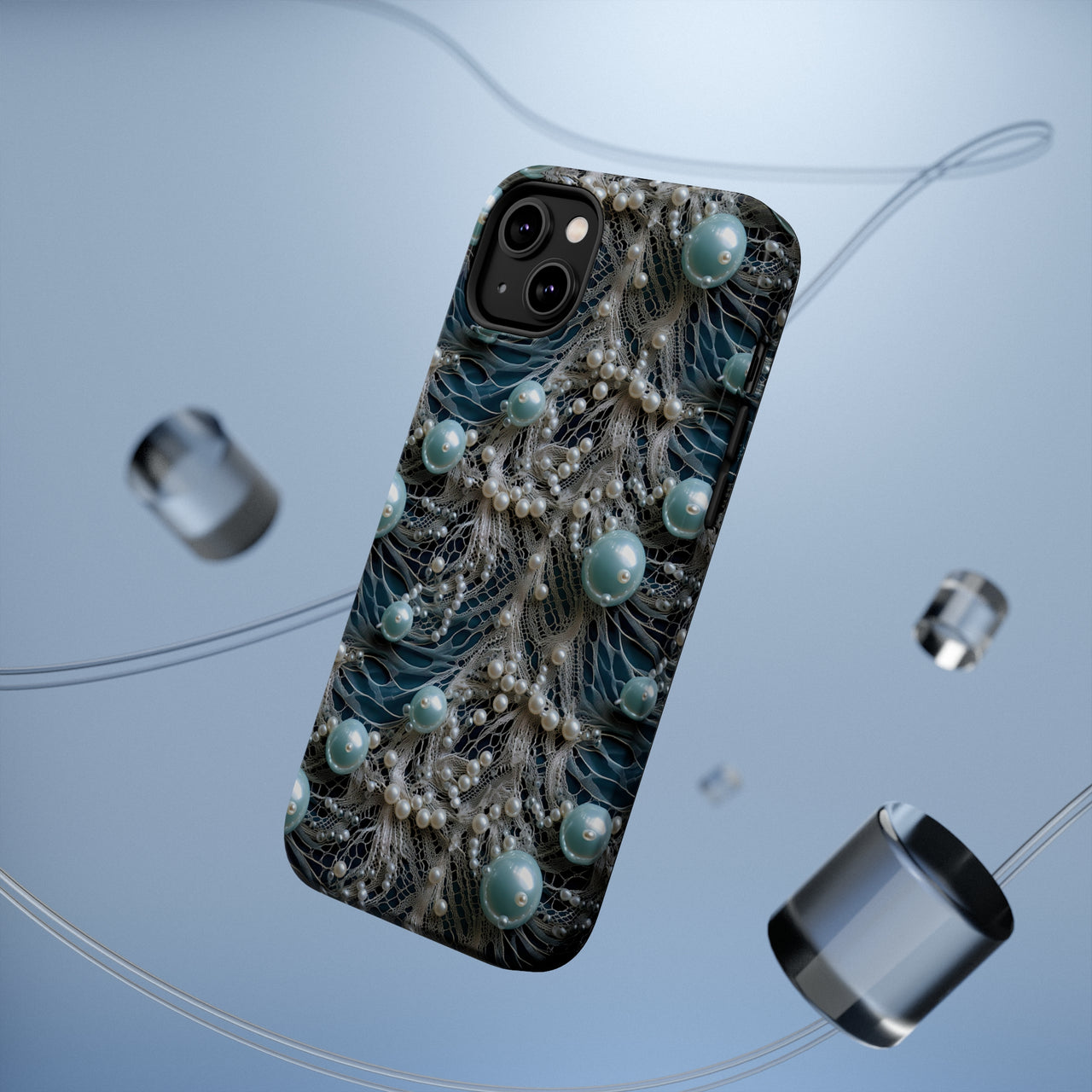 Sea Foam Lace and Pearls MagSafe Tough Cases for iPhone 14, iPhone 14 Pro, iPhone 14 Plus, and iPhone 14 Pro Max