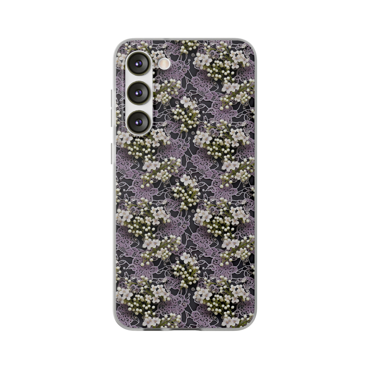 White Flowers on a Purple Bed - Flexi Cases for Samsung Galaxy S23, Samsung Galaxy S23 Plus, and Samsung Galaxy S23 Ultra